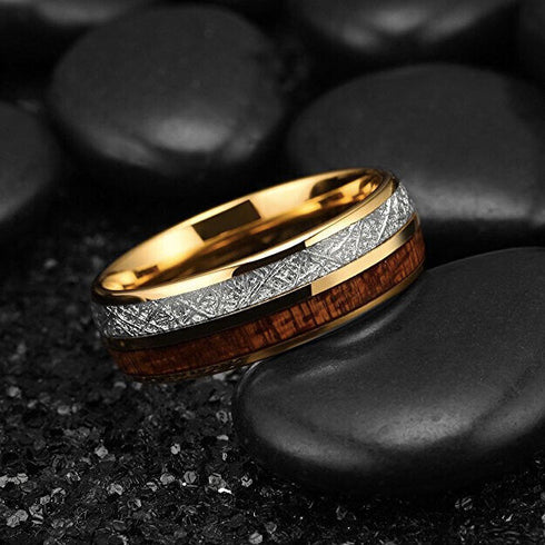 Men's 8mm Tungsten Ring Koa Wood & Meteorite Inspired Comfort-Fit Wedding Band